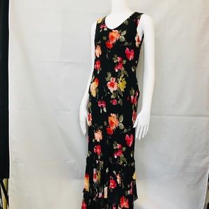Casual Corner Black Peach Red Floral Maxi Dress with Ruffles Size 4